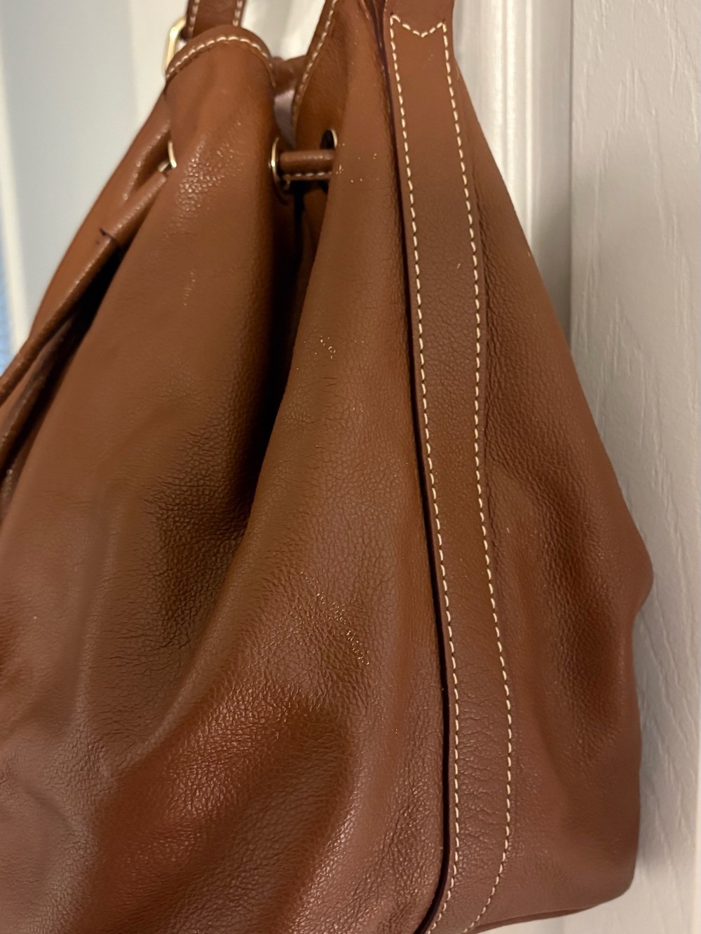 DOONEY& BOURKE Carmel Brown Pebble Grain Leather Drawstring Hobo Bucket Bag - Picture 3 of 14
